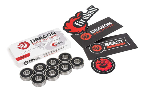 Dragon Bearings Fireball roller skate bearings, 16-pack; metal bearings with black seals, dragon logo packaging and race stickers.