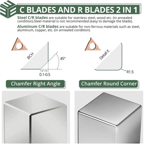 Diagram showing C and R blades with right angle and round corner chamfering for Pro Mini Pneumatic Chamfering Tool With 16 Piece C And R Angle Blades For Straight 45 Degree And Arc Beveling, Metal Air Chamfer 30000 RPM, Edge Deburring For Copper Aluminum Steel Wood Acrylic, Quarter Inch Inlet, Quiet Operation By EYPINS.