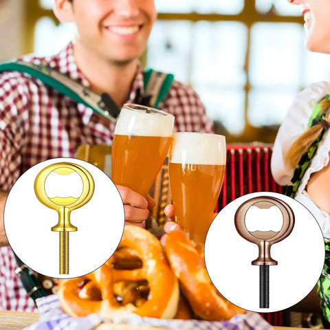 Antique Style Stainless Steel Bottle Opener Inserts Kit 10 Pieces For Wedding And Party Wine Gift DIY Projects Craft Wood Turning With Five Color Options And Blank Opener Inserts displayed with beer and pretzels in the background.