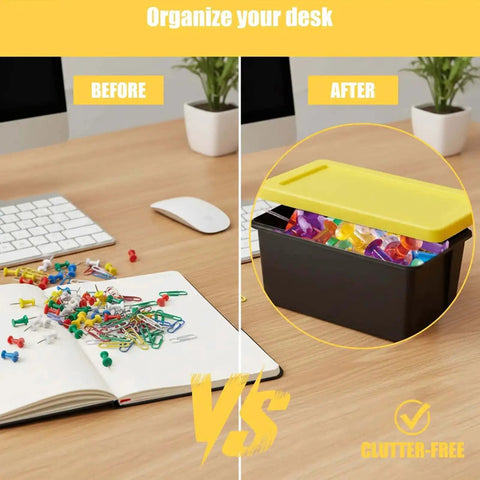 Comparison of a cluttered desk and organized desk with a Stackable Mini Tote Bin With Lid for desk organization, storing office supplies.