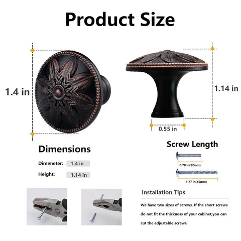 Oil Rubbed Bronze Round Cabinet Knobs 12 Pack 1.4 Inch Diameter Zinc Alloy Hardware for Cabinets, with size and screw details.