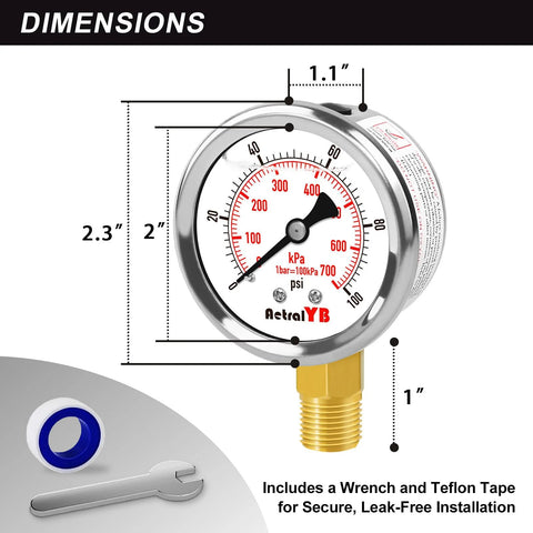 2-inch AetralYB glycerin-filled pressure gauge, 0–100 psi, 1/4" NPT lower mount, stainless steel; for pool sand filters and water pumps