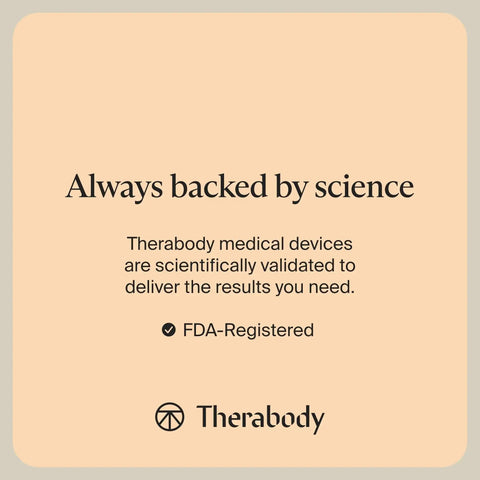 Therabody message about scientific validation and FDA registration on a beige background.