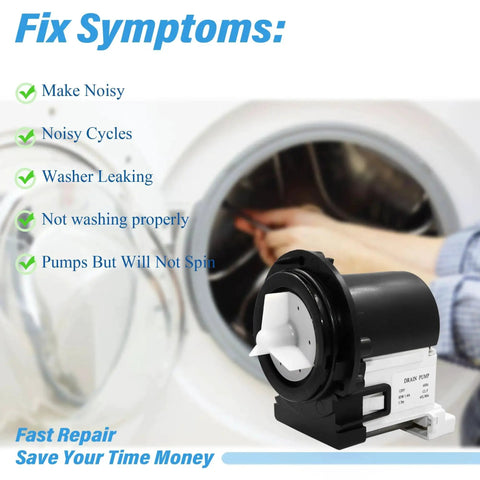 Front view of a black drain pump motor with white impeller for Kenmore/LG washers.
