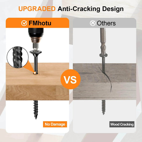 Comparison of FMhotu deck screws with anti-cracking design versus standard screws causing wood cracking.