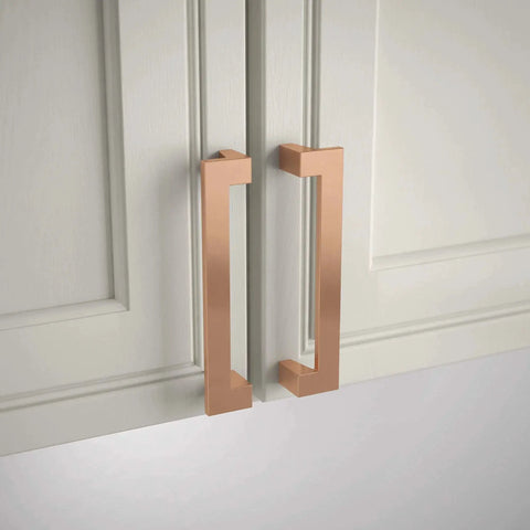 Mirrored Cabinet Handles 10 Pack Center To Center 3 Inch Brushed Copper Kitchen Drawer Pulls For Cabinets And Furniture Dresser Hardware Update Your Kitchen Or Bath Vanities With Durable Modern Styled Handles installed on white cabinets