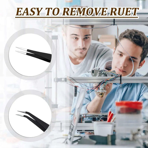 All In One 3D Printer Nozzle Cleaning Kit With Ten Cleaning Pins Two Copper Wire Brushes Two Tweezers Two L Shaped Wrenches And A Handy Storage Box for easy rust removal usage displayed with two engineers working on a 3D printer.