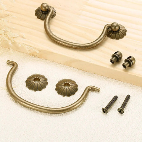 Four Brass Drawer Pulls And Knobs Set With Double Mounting Holes In Vintage Flower Ring Design 4.13 Inch includes screws bronze