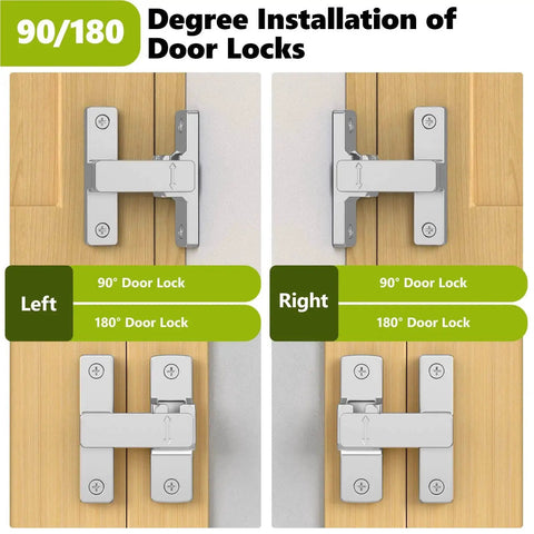 Barn Door Lock 90 And 180 Degree Zinc Alloy Hardware Sliding Lock Heavy Duty Flip Safety Latch shown installed on wooden doors.