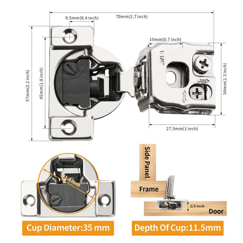 Chibery 2-pack 1-1/4 in overlay satin-nickel concealed cabinet hinges; soft-close for face-frame doors, 35 mm cup.