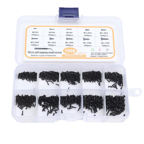 Ultimate Handy Self Tapping Screws Set In Carbon Steel With Pan Head Kit And Tweezers organized in a clear storage box