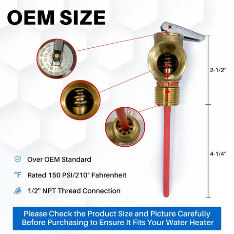 Lrichy 1/2 in NPT RV water heater relief valve, brass body with extended probe, 210°F/150 PSI