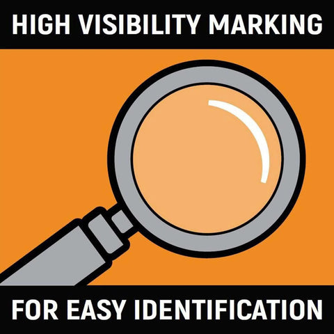 Illustration of magnifying glass highlighting text 'High Visibility Marking for Easy Identification.'
