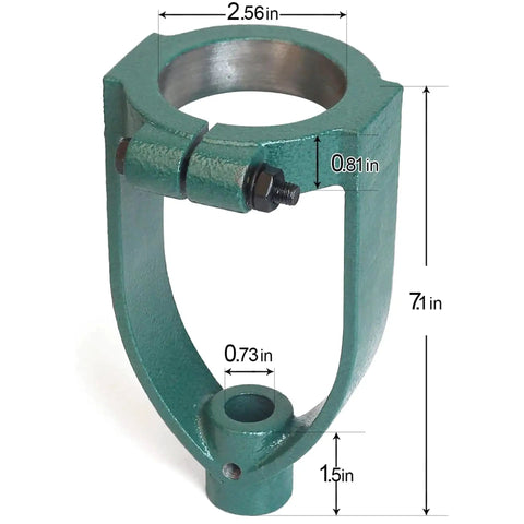 Front view of Mortising Attachment Kit For Drill Press And Woodworking Pros With Locator, Press Block, Side Positioning Rod, Fixed Seat, showing measurements.