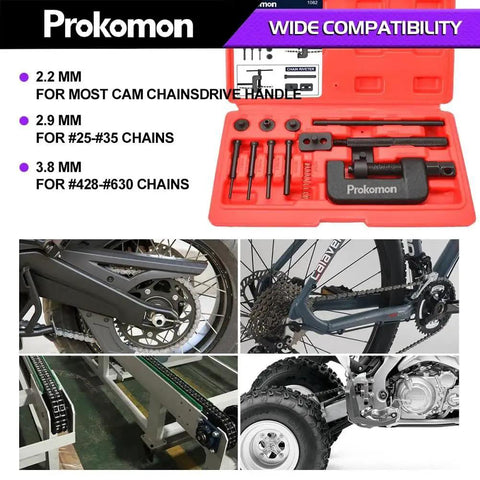 All In One Chain Breaker Tool Kit For Motorcycles And ATVs That Makes Chain Link Removal A Breeze And Riveting Quick And Easy Includes Prokomon 13 Piece Set For Cam Chains From 25 To 630 Built For Bikes Dirt Bikes And More kit and usage examples