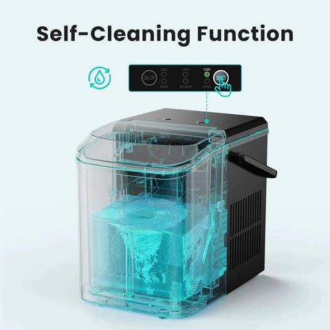 Transparent Portable Countertop Ice Maker 26 Lbs Per Day Auto Clean Basket And Scoop showing self-cleaning function