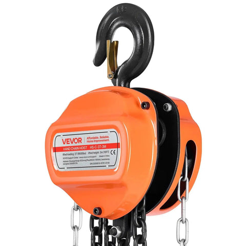 Front view of 3 Ton Hand Chain Hoist With 6600 Lbs Capacity And 10 Ft Lift Height Heavy Duty, orange exterior with chains.