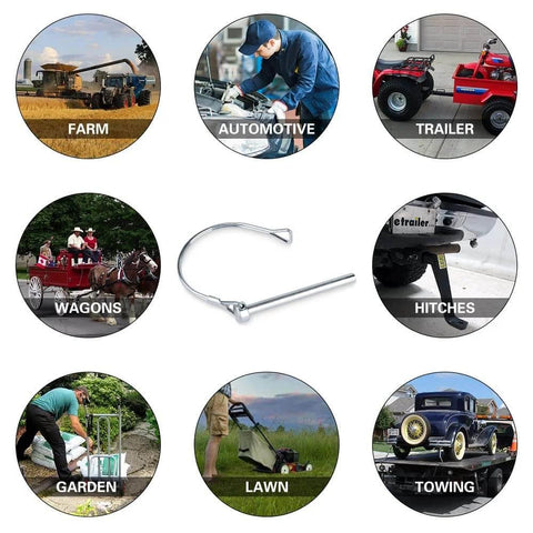 Beefy Workhorse 10 Pack Safety Coupler Pins And PTO Pins For Trailer Connectors And Farm Equipment displays various uses.
