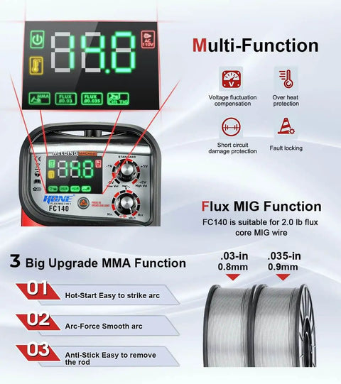 Display screen and controls of Three in One welding machine with MIG flux core, Lift TIG, and synergic MIG control features.