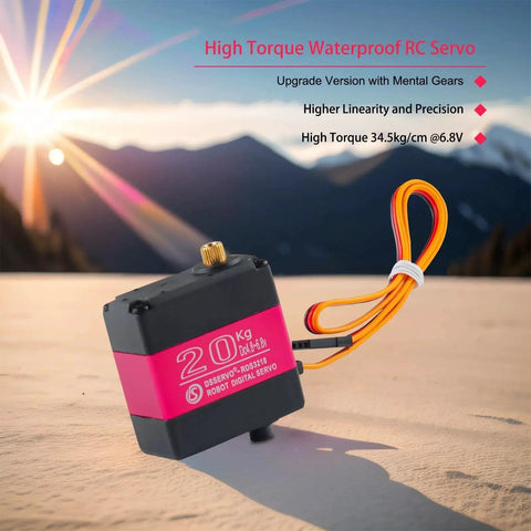 Wishiot RDS3218 20KG waterproof metal-gear servo for RC cars/robots; black housing with pink label and orange wires