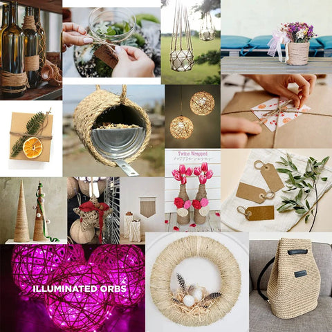 Collage showcasing creative uses of Natural Jute Twine 2mm Thick 600 Feet Brown String for crafts, wrapping, and decor projects.