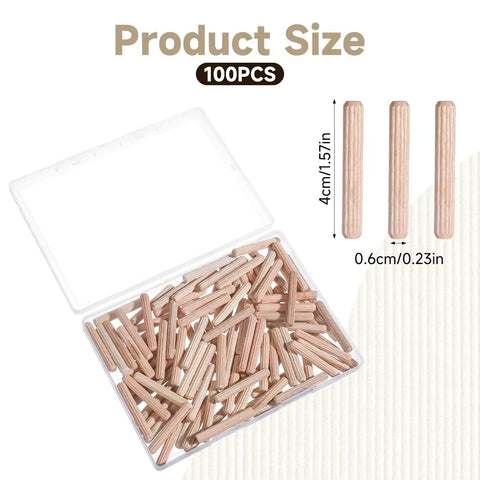 Box of 100 Count 1/4 Inch Wood Dowel Pins with size measurements shown, 1/4 x 1-1/2 inch fluted hardwood dowels for woodworking projects