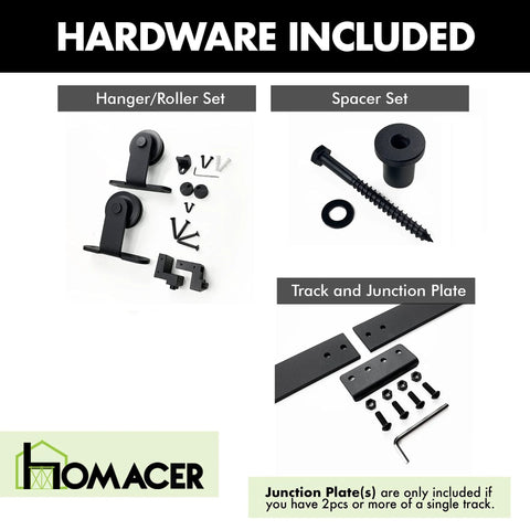 Black Rustic Sliding Barn Door Hardware Kit For Two Doors With 7ft Flat Track And T Shape Rollers Heavy Duty For Interior And Exterior Use Non Bypass Design components including rollers, spacer set, track, and junction plate.