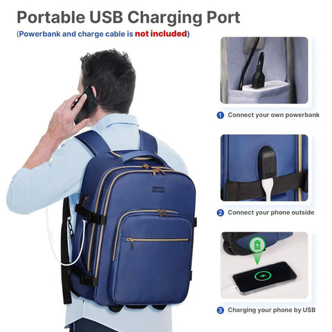 Man using On The Go Rolling Backpack for Women with 17 Inch Laptop Compartment and Smooth Wheels, highlighting USB charging port in dark blue.