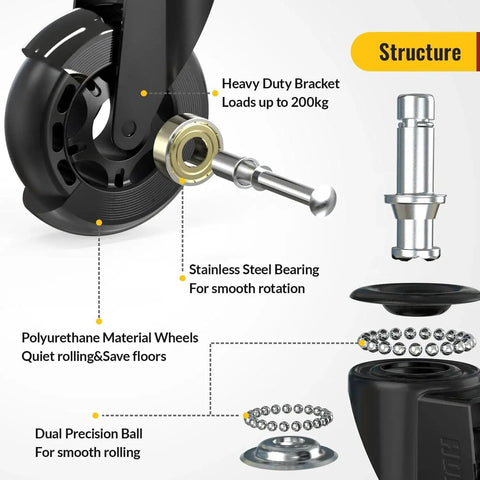 Office Chair Wheel Replacement Set Of 5 11x22mm 3 Inch Black Polyurethane Casters For Hardwood Floors And Gaming Chairs Quiet Smooth Rolling With Precision Ball Bearings Designed For Safe Glide Across Hardwood Tile And Carpet In Shared Offices And Homes
