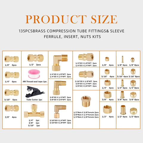 Pro Grade Brass Compression Tube Fittings Kit 135 Piece Set With Union Tee Elbow And Straight Connectors product size chart