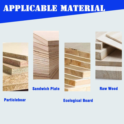 Image showing applicable materials: particleboard, sandwich plate, ecological board, and raw wood for Pro Grade Pneumatic Hinge Drilling Machine.