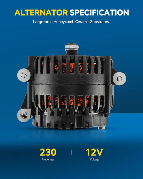 Front view of Beefy 12V 230Amp Alternator Replacement For Ford Super Duty Trucks F250 F350 F450 F550 1999 To 2007 With 7.3T And 6.0T Engines Direct Fit Heavy Duty Power Upgrade