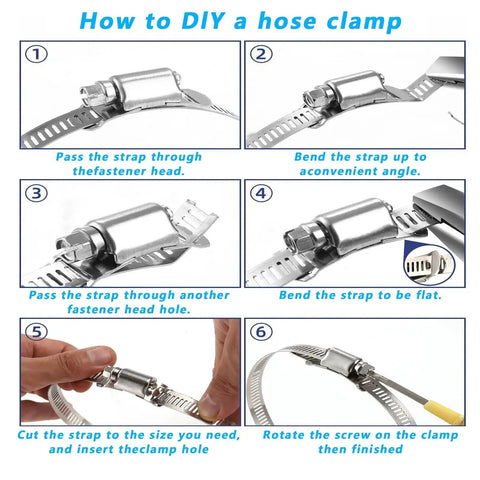 Step-by-step guide for using 304 Stainless Steel Hose Clamp Kit For DIY Projects, including cut-to-fit strap and worm gear clamps.
