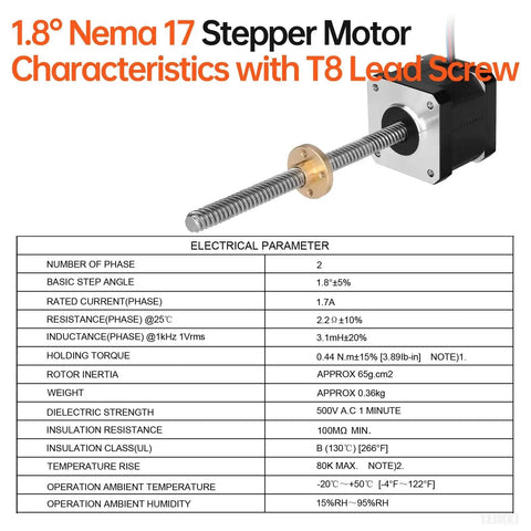 Diagram and table displaying electrical specifications of Nema 17 Stepper Motor With TR8x8 Lead Screw 200mm.