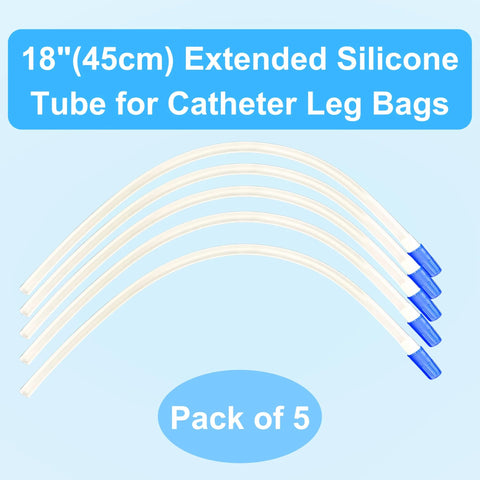 Five 18-inch silicone leg bag extension tubes with blue connectors, sterile latex-free medical-grade tubing