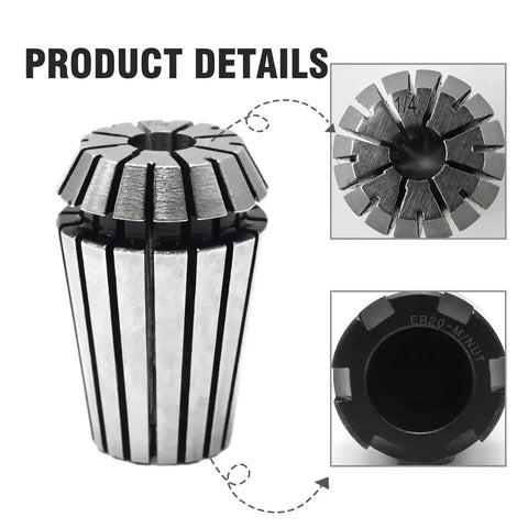 Product details of One Quarter To One Half Inch Router Bit Extension Collet Adapter with ER20 spring collet and M type nut wrench.