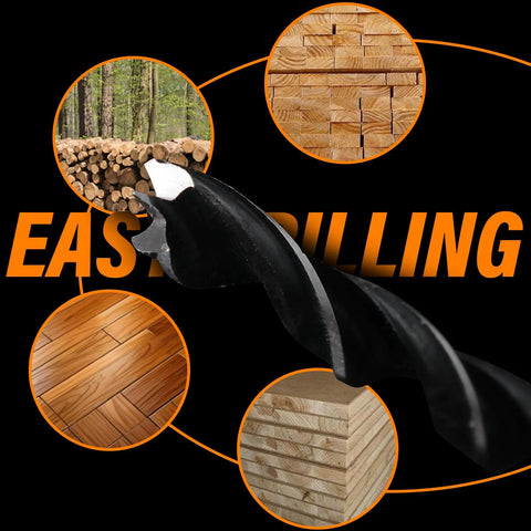 Close-up of a brad point wood drill bit against a background showing wood types for drilling, highlighting easy drilling text.