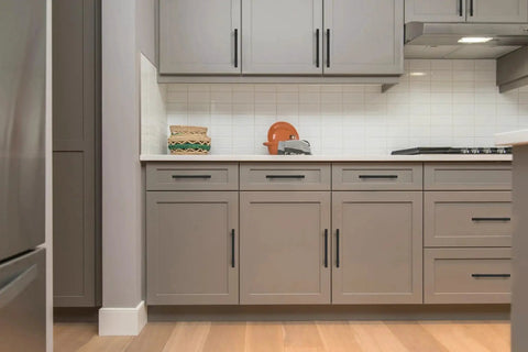 Kitchen cabinets featuring 30 Pack Matte Black Stainless Steel 7.38 Inch Square Cabinet Pulls for Kitchen Cabinets and Drawers with 5 Inch Hole Center.