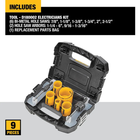 Open Workhorse Heavy Duty Bi Metal Hole Saw Kit For Electricians With Long Life Teeth And Easy Plug Ejection For Fast Chip Removal Versatile Drilling Set D180002 By DeWalt For Cutting Wood Metal Plastic And Black Pipe with contents visible