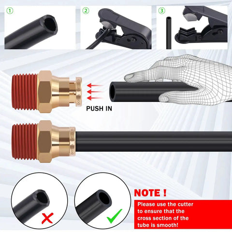 Brass DOT Air Line Fittings Kit With Fifty Feet Of One Quarter Inch And Thirty Two Point Eight Feet Of Three Eighth Inch Air Lines For Semi Trucks And Industrial Air Systems Pro Grade NPT Threads Quick Connect Fittings Tee Elbows Push And Union installation guide with hose-cutting instructions