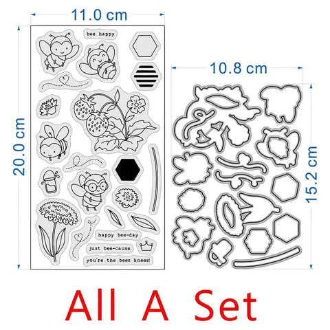 Stamps and Dies Set for Card Making and Scrapbooking with Clear Rubber Stamps and Metal Cutting Dies, bees, strawberries, sunflowers