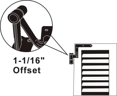 Illustration of Steel Blind Shutter Hinge 1-1/16 Inch Offset For Wood Frames Or Brick Facades, showing hinge alignment.