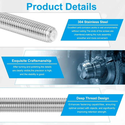 Product details of 304 Stainless Steel Fully Threaded Rod UNF 10 32 15.7 Inch Right Hand 2 Pack, highlighting craftsmanship and design.