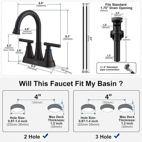 Diagram of a 4 Inch Centerset Matte Black Bathroom Faucet With Pop Up Drain And Two Hoses, showing dimensions and installation fit.