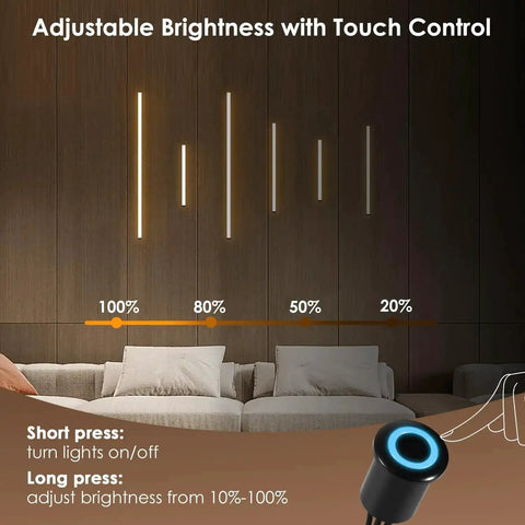Six Piece Slat Wall Light Kit For Wood Panels With Adhesive Black LED Strips, dimmable touch control displayed above a sofa