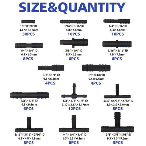 Size and quantity chart for nylon automotive vacuum connector kit showing 14 sizes, including tee, reducer, and straight connectors.