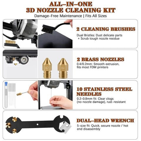 All-in-one 3D nozzle cleaning kit with brushes, nozzles, needles, and wrench for FDM printers, maintenance essential