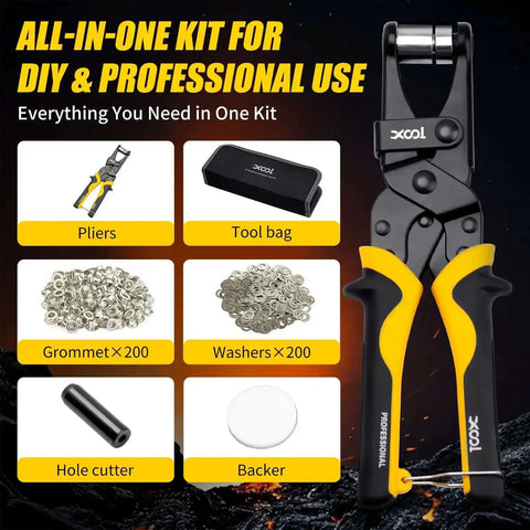 Pro Grade Grommet Tool Kit With Magnetic Alignment, 200 Pcs 3/8 Inch 10mm Grommets, tool bag, pliers, washers, shown laid out