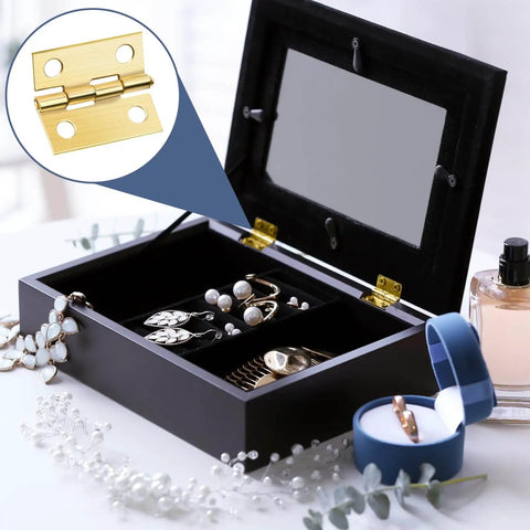 Open jewelry box with installed 60 Pcs Small Brass Antique Miniature Hinges With Screws And Screwdriver For Dolls House Mini Wooden Crafts Jewelry Box Cabinet DIY Projects For Model Making And Miniature Furniture Repairs