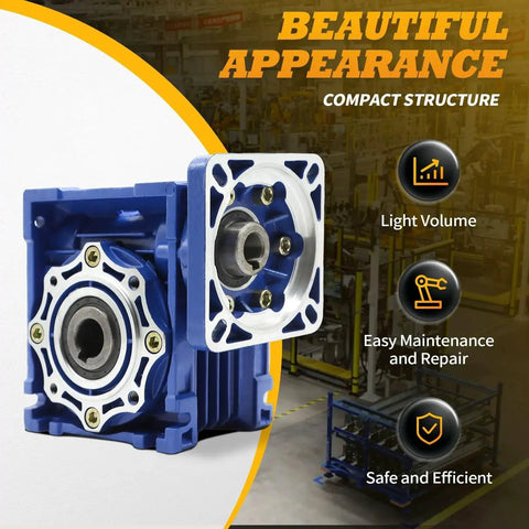 40 To 1 NMRV040 Worm Gear Reducer for NEMA34 flange motors, featuring a 14mm input shaft and 18mm output shaft, lightweight and compact.